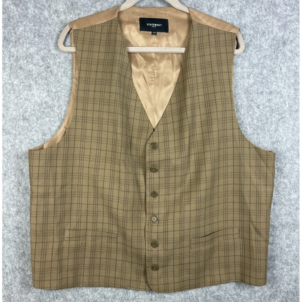 Statement Blazer Vest Waistcoat 2 Piece Set Mens 50L Beige Plaid Wool Italy Made